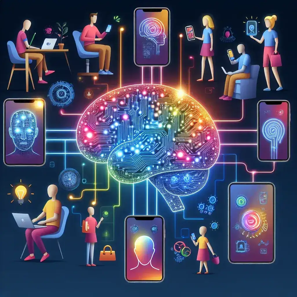 "Ilustração mostrando a IA analisando dados de usuários para personalizar experiências online, destacando a interatividade e a tecnologia moderna no design de interfaces."