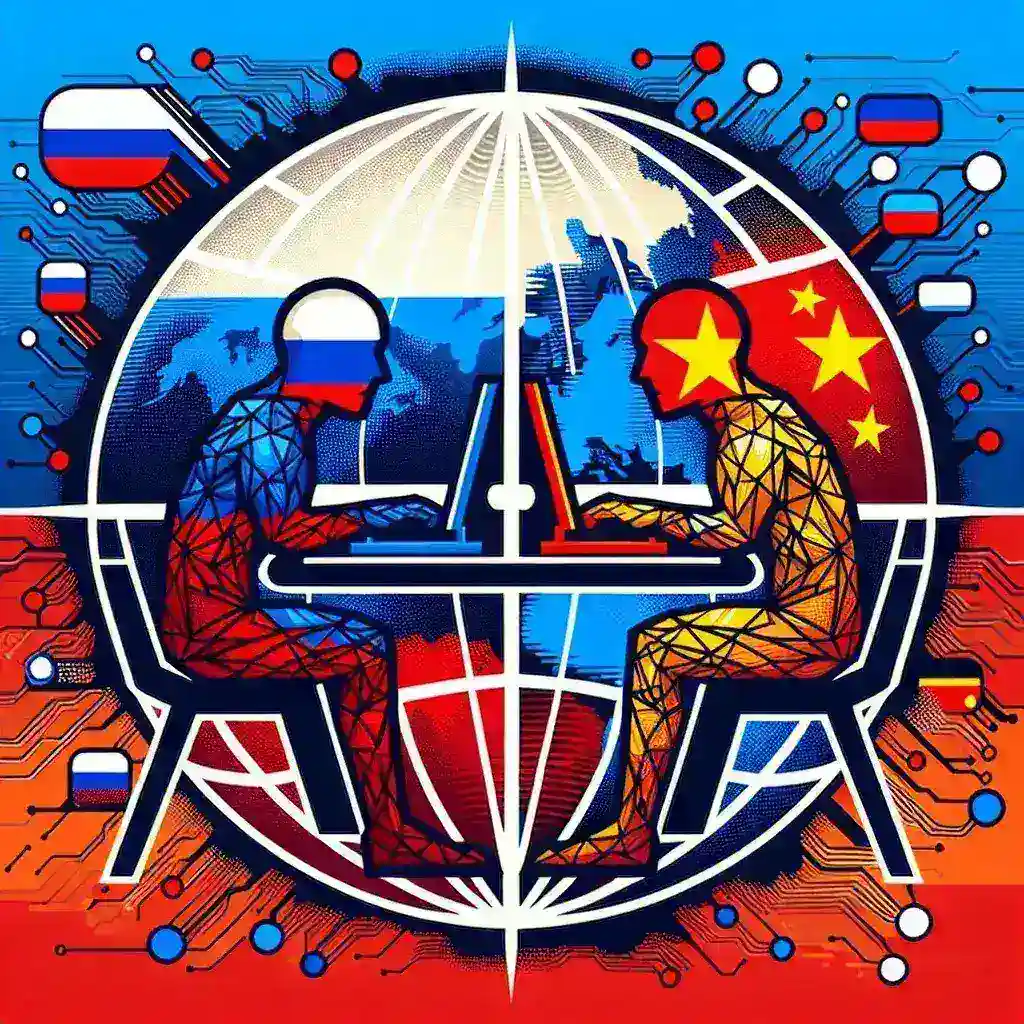 "Mapa ilustrativo da cooperação Rússia-China em guerra cibernética, destacando estratégias e alianças estratégicas, conforme relatório da OTAN sobre segurança cibernética."