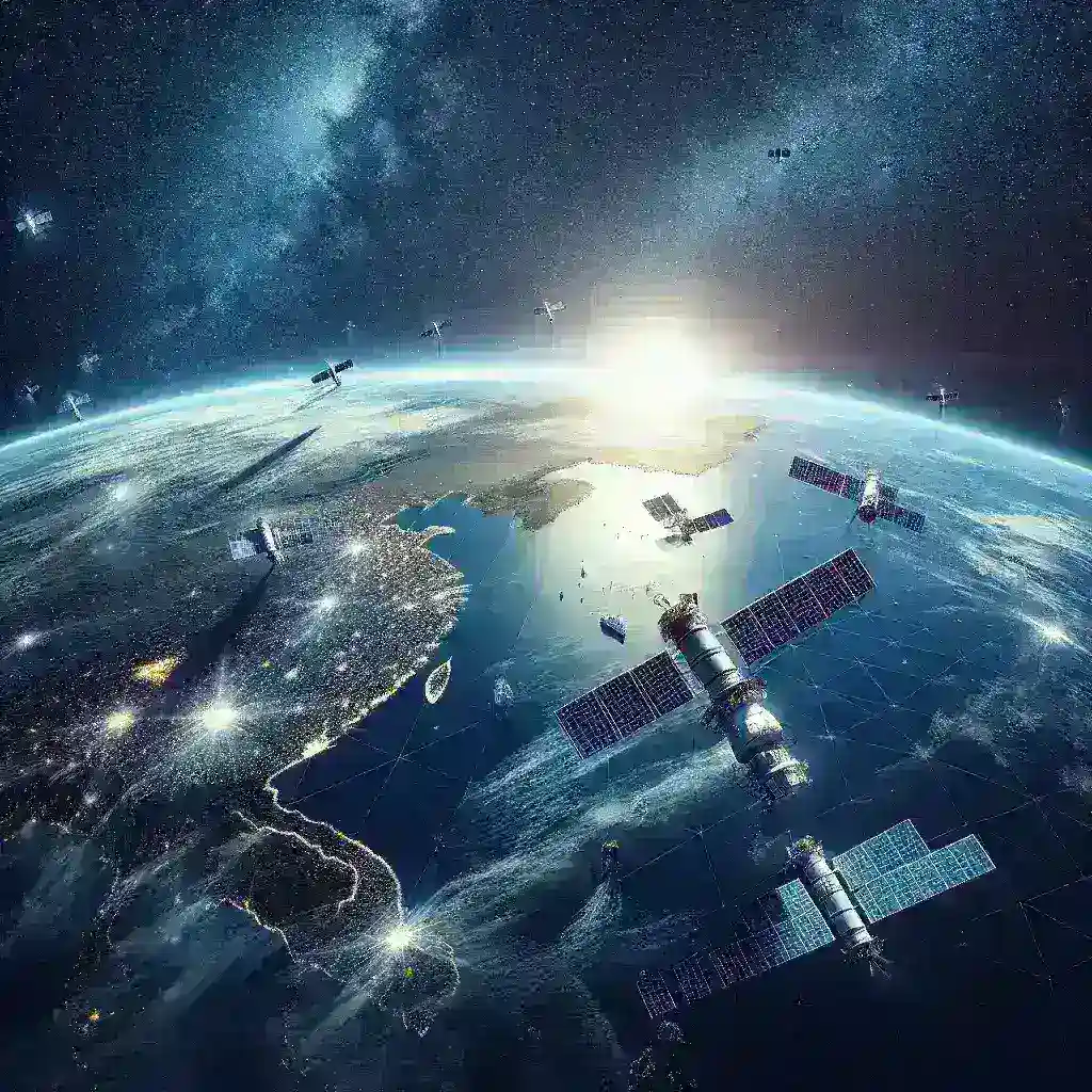 "Satélites da constelação lançada pela China para monitoramento de tráfego marítimo sobre um fundo de mapa marítimo, ilustrando a inovação tecnológica e a vigilância das rotas navais."