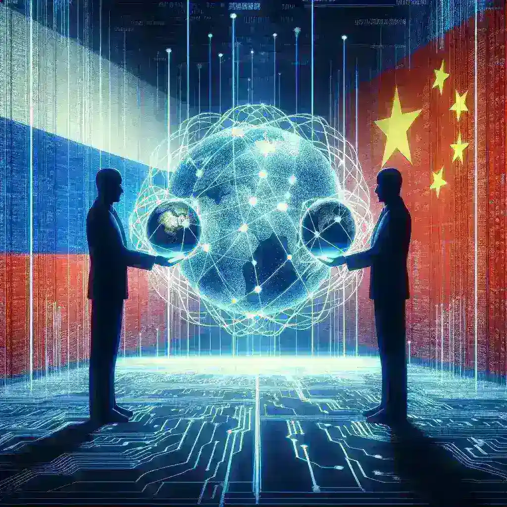 "Rússia e China colaborando em um mapa estratégico de guerra cibernética, destacando a ampliação da cooperação conforme relatório da OTAN."