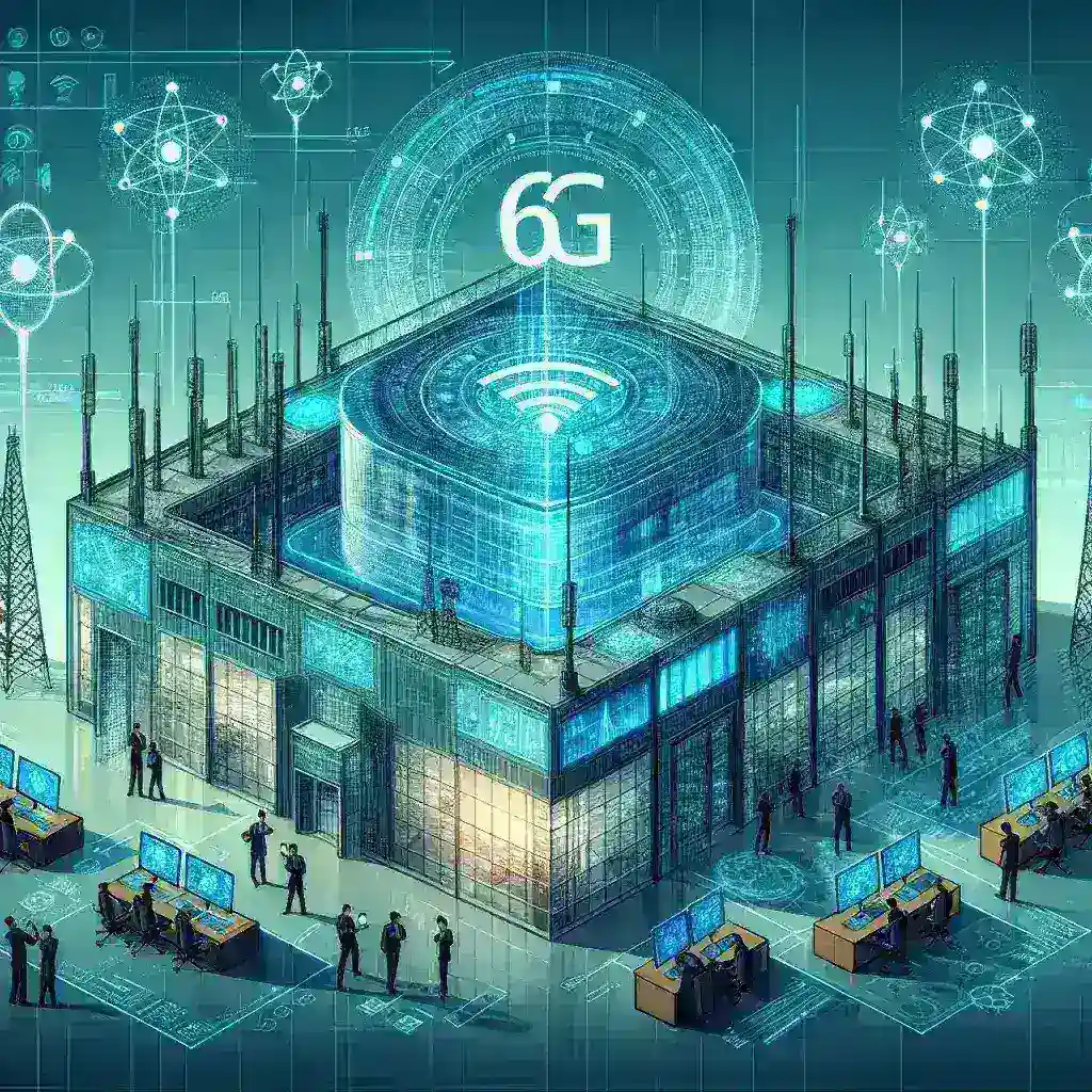 "Imagem de instalação moderna da Huawei com engenheiros trabalhando em tecnologia de 6G em um centro de P&D, destacando o investimento da empresa em inovação e desenvolvimento futuro."